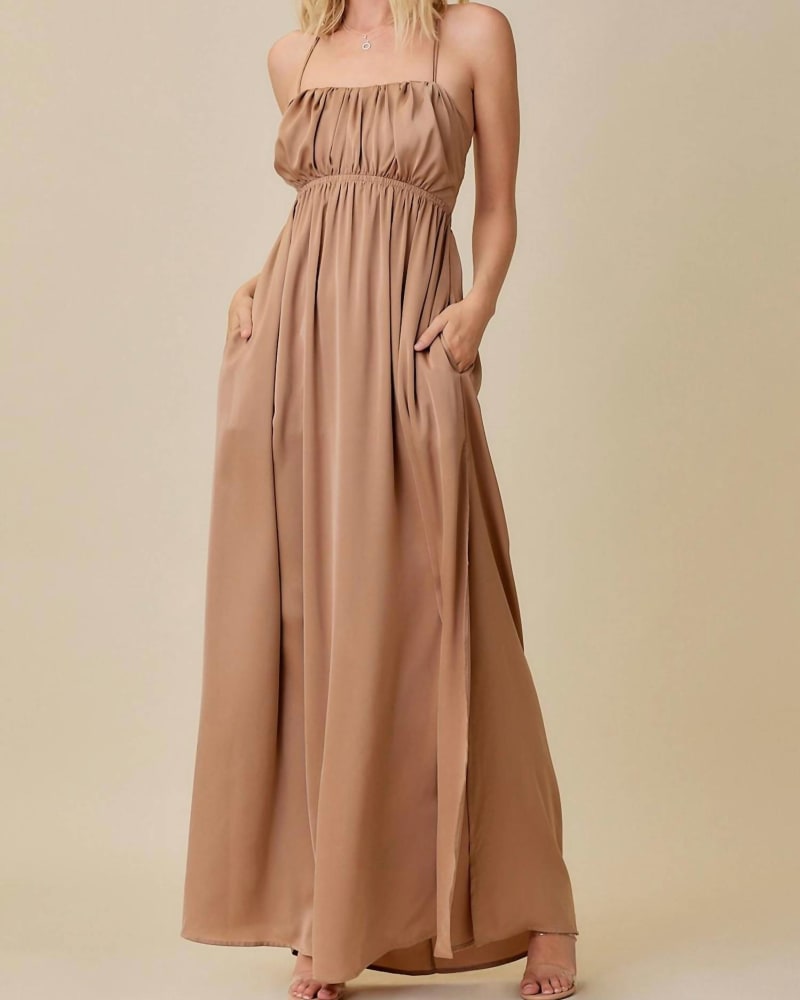 Front of a model wearing a size Large The Wait Is Over Maxi Dress In Latte in Latte by Mustard Seed. | dia_product_style_image_id:344794